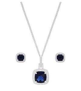 Love Gem Sterling Silver Blue And White Cubic Zirconia Cushion Cut Necklace And Earring Set