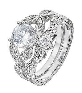 The Love Silver Collection Sterling Silver& Cubic Zirconia Vintage Style Leaf Ring Set