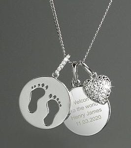 The Love Silver Collection Personalised Sterling Silver Footprints And Cubic Zirconia Heart Charm Necklace