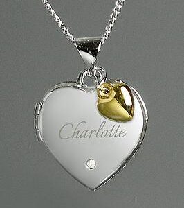 The Love Silver Collection Personalised Sterling Silver Diamond Set Heart Locket Necklace With 9Ct Gold Heart Charm