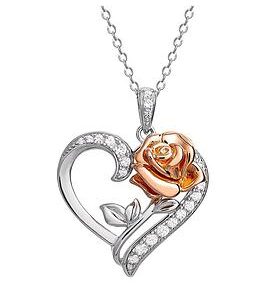 Disney Beauty And The Beast Sterling Silver Crystal Heart And Rose Gold Rose Necklace