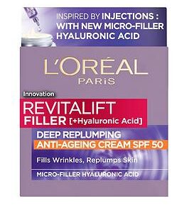 L'Oreal Paris Revitalift Filler + Hyaluronic Acid Anti Ageing Anti-Wrinkle Spf 50 Replumping Day Cream 50Ml