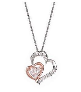 The Love Silver Collection Sterling Silver& Rose Gold Plated Double Heart Cubic Zirconia Pendant 16+2 Inch Curb Chain