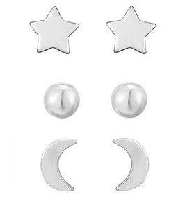 The Love Silver Collection Sterling Silver 3 Pack Moon, Star, Ball Stud Earrings