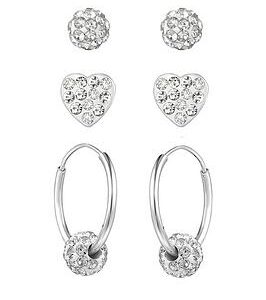 The Love Silver Collection Sterling Silver Crystal 3 Pack - 4Mm Glitterball Studs, 6Mm Heart Studs & 14Mm Hoops With Slider