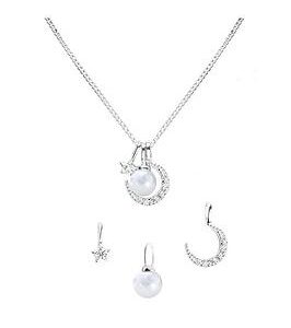 The Love Silver Collection Sterling Silver Pearl, Moon And Star Cubic Zirconia Adjustable Box Chain Necklace