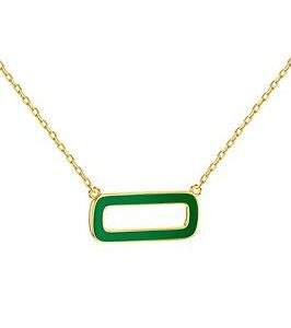 The Love Silver Collection Sterling Silver Yellow Gold Plated Green Enamel Rectangle Frame Necklace