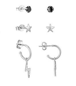 The Love Silver Collection Sterling Silver Cz Lightning Bolt Hoops, Star Studs And 3Mm Black Cz Studs Earrings