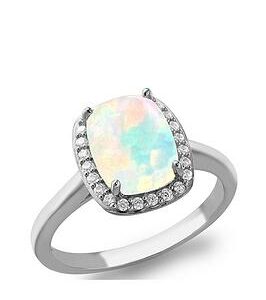 The Love Silver Collection Sterling Silver Rhodium Plated Rectangle Synthetic Opal And White Cz 10Mm X 11Mm Halo Ring