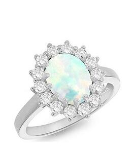 The Love Silver Collection Sterling Silver Rhodium Plated Oval Synthetic Opal And White Cz 12Mm X 14Mm Flower Cluster Ring