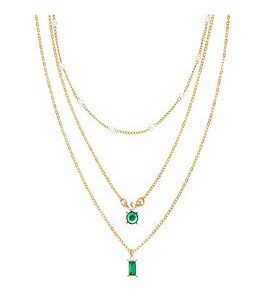 The Love Silver Collection Gold Plated Triple Layered Pearl And Emerald Necklace