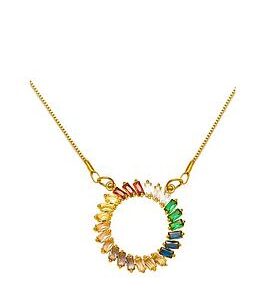 The Love Silver Collection Gold Plated Baguette Circular Rainbow Crystal Necklace