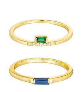 The Love Silver Collection 18Ct Gold Plated Sterling Silver Dainty Baguette Emerald Ring Stacking Set