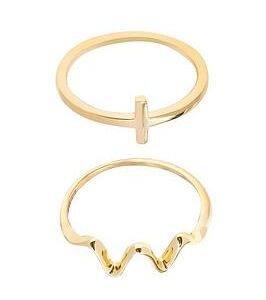 The Love Silver Collection 18Ct Gold Plated Sterling Silver Cross Bar And Wave Stacking Ring Set