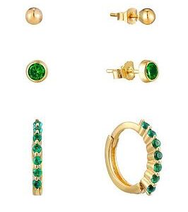 The Love Silver Collection Set Of Three 18Ct Gold Plated Sterling Silver Emerald Huggie Hoops & Studs