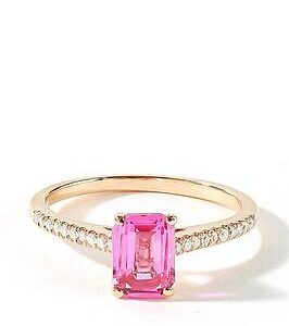 Love Gem 9Ct Rose Gold 7X5 Octagon Created Pink Sapphire And 0.10Ct Natural Diamond Ring