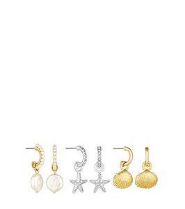 Mood Two Tone Crystal And Pearl Coastal Shell Mixed Earrings - Pack Of 3