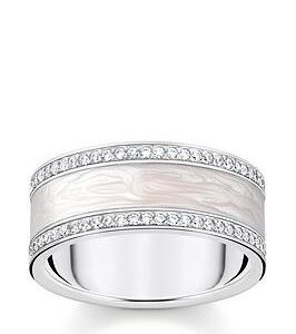 Thomas Sabo Enamel Band Ring: Timeless Allure With White Zirconia, Shimmering Enamel. Thomas Sabo Engraving, Wide Two-Part Design